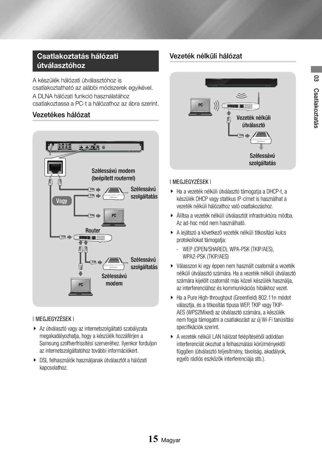 Samsung BD-J7500/EN manual Csatlakoztatás hálózati útválasztóhoz, Vezetékes hálózat, Vezeték nélküli hálózat 