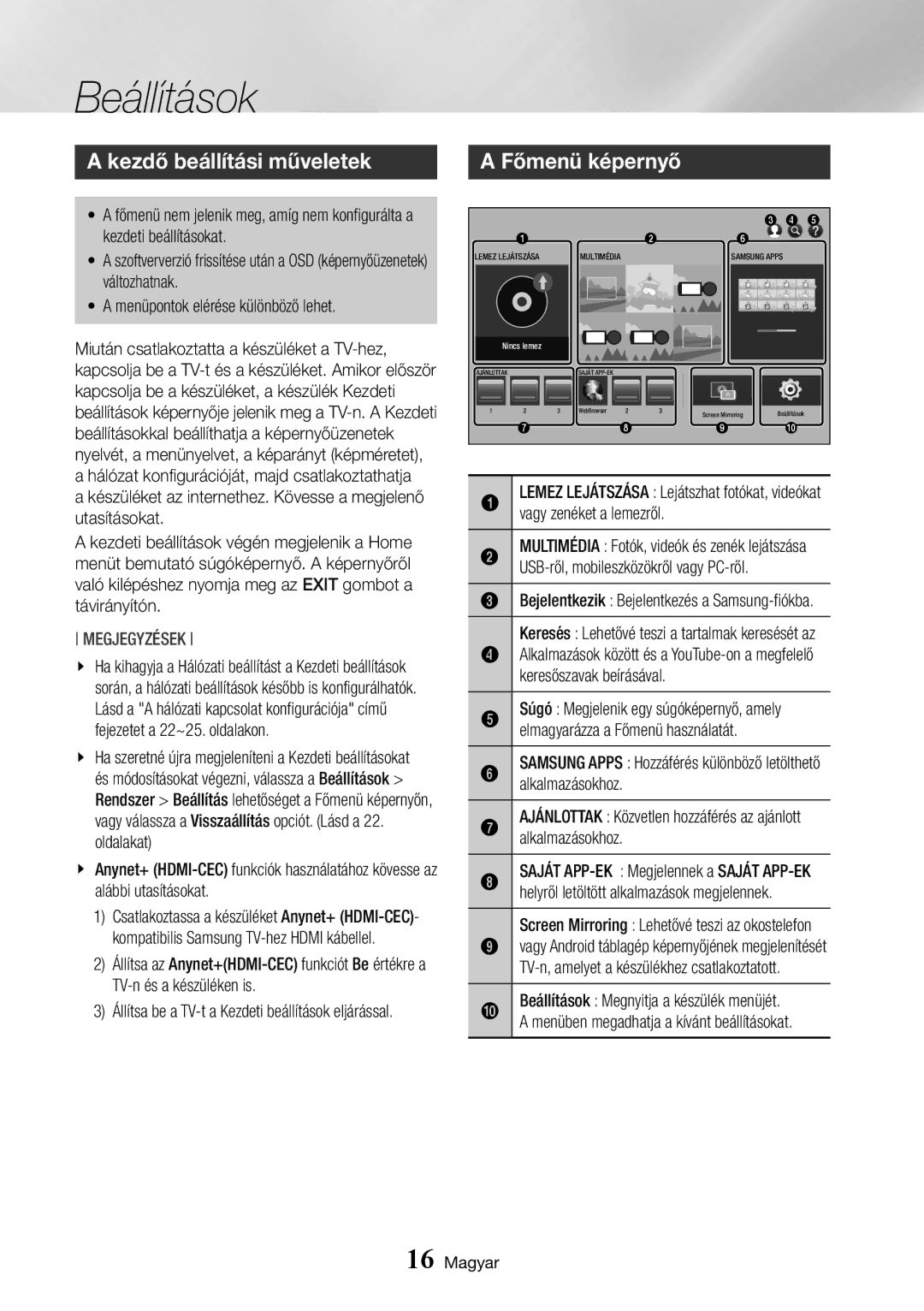 Samsung BD-J7500/EN manual Beállítások, Kezdő beállítási műveletek, Főmenü képernyő 