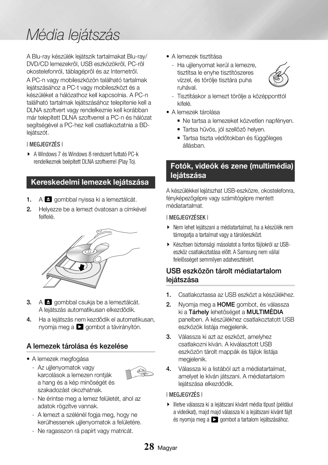 Samsung BD-J7500/EN manual Média lejátszás, Kereskedelmi lemezek lejátszása, Lemezek tárolása és kezelése 