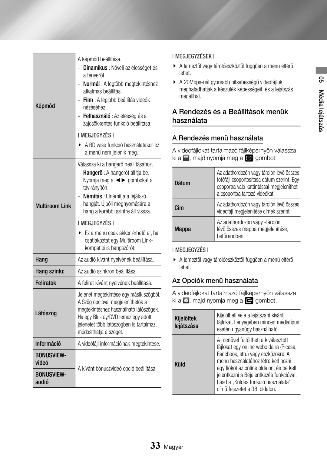 Samsung BD-J7500/EN manual Rendezés és a Beállítások menük használata, Rendezés menü használata, Az Opciók menü használata 