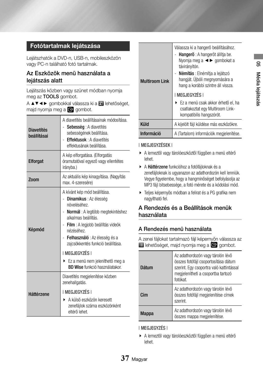 Samsung BD-J7500/EN manual Fotótartalmak lejátszása, Az Eszközök menü használata a lejátszás alatt 