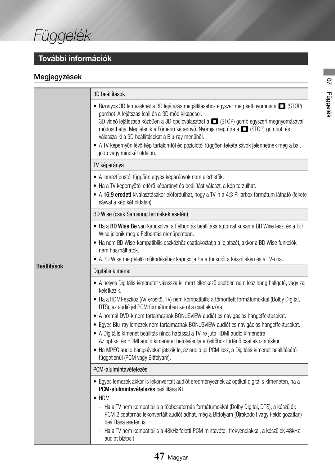 Samsung BD-J7500/EN manual Függelék, További információk, Megjegyzések 