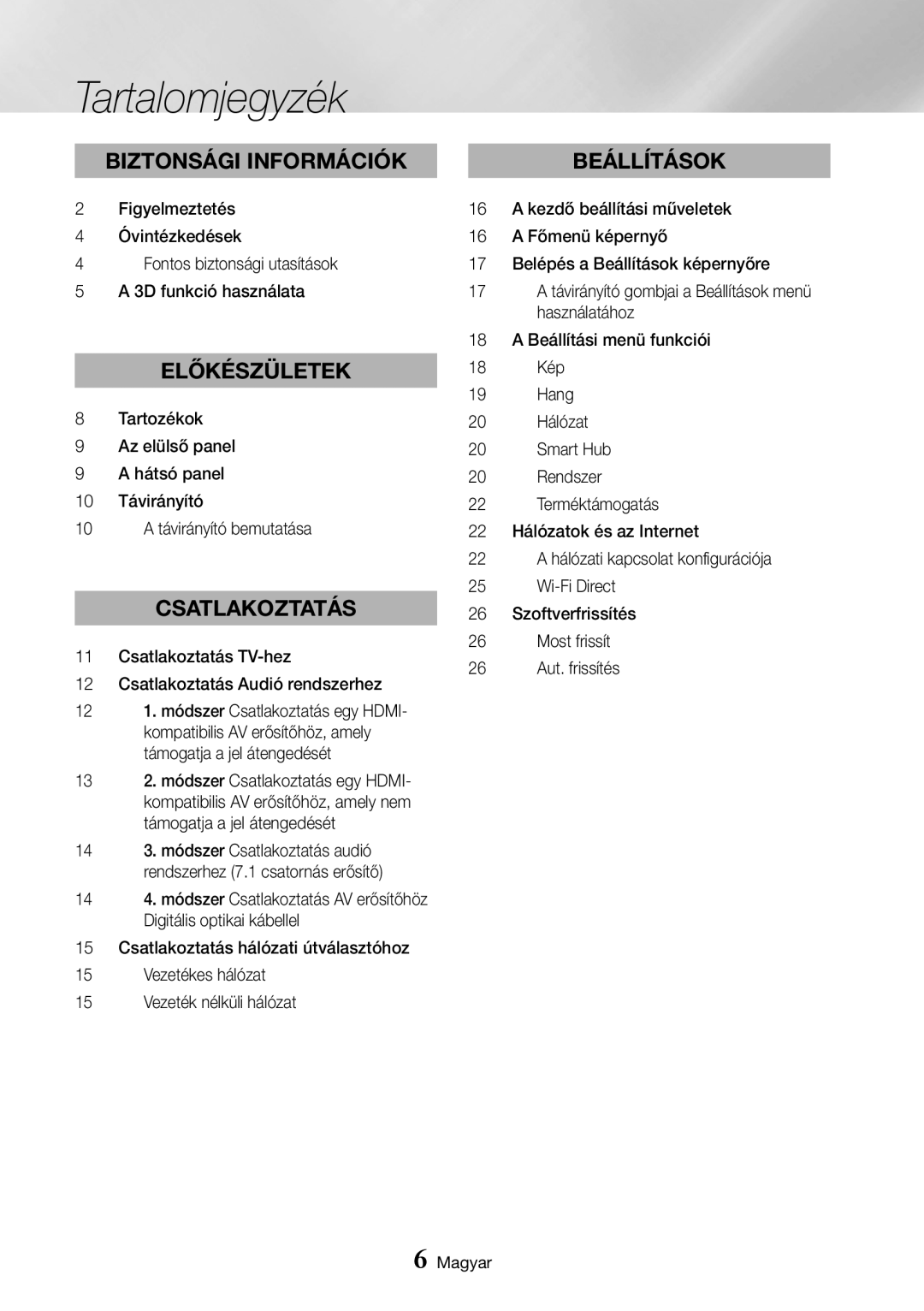 Samsung BD-J7500/EN manual Tartalomjegyzék, Csatlakoztatás 