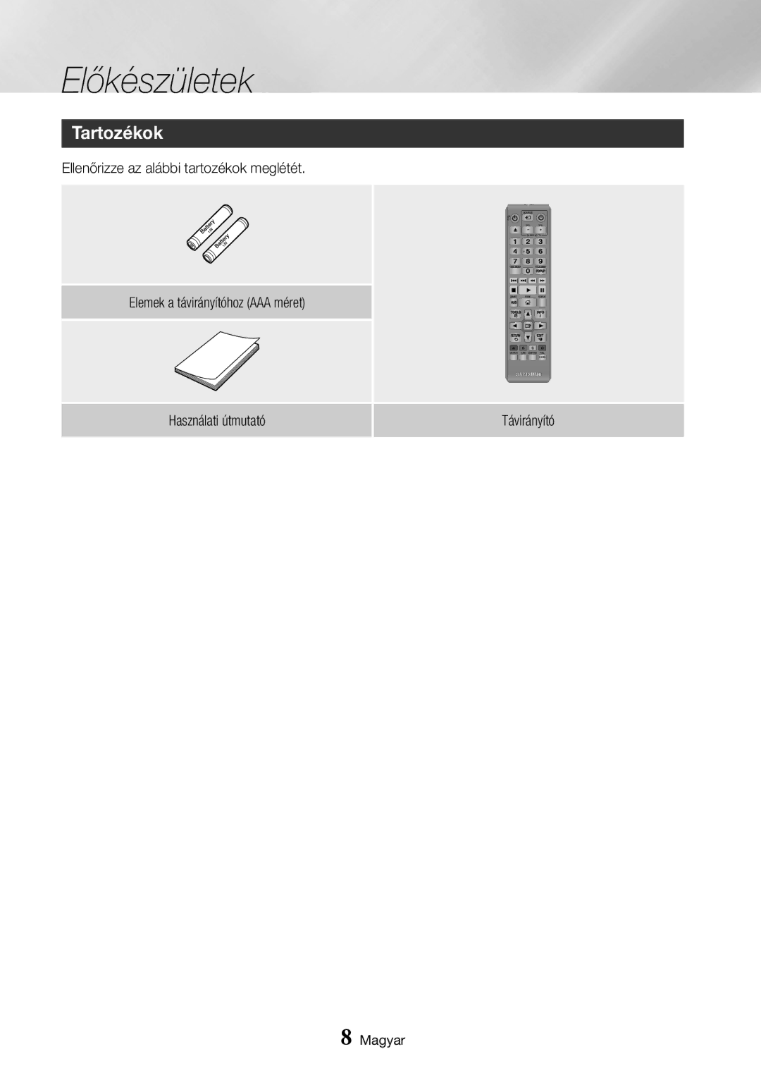 Samsung BD-J7500/EN manual Előkészületek, Tartozékok, Használati útmutató Távirányító 