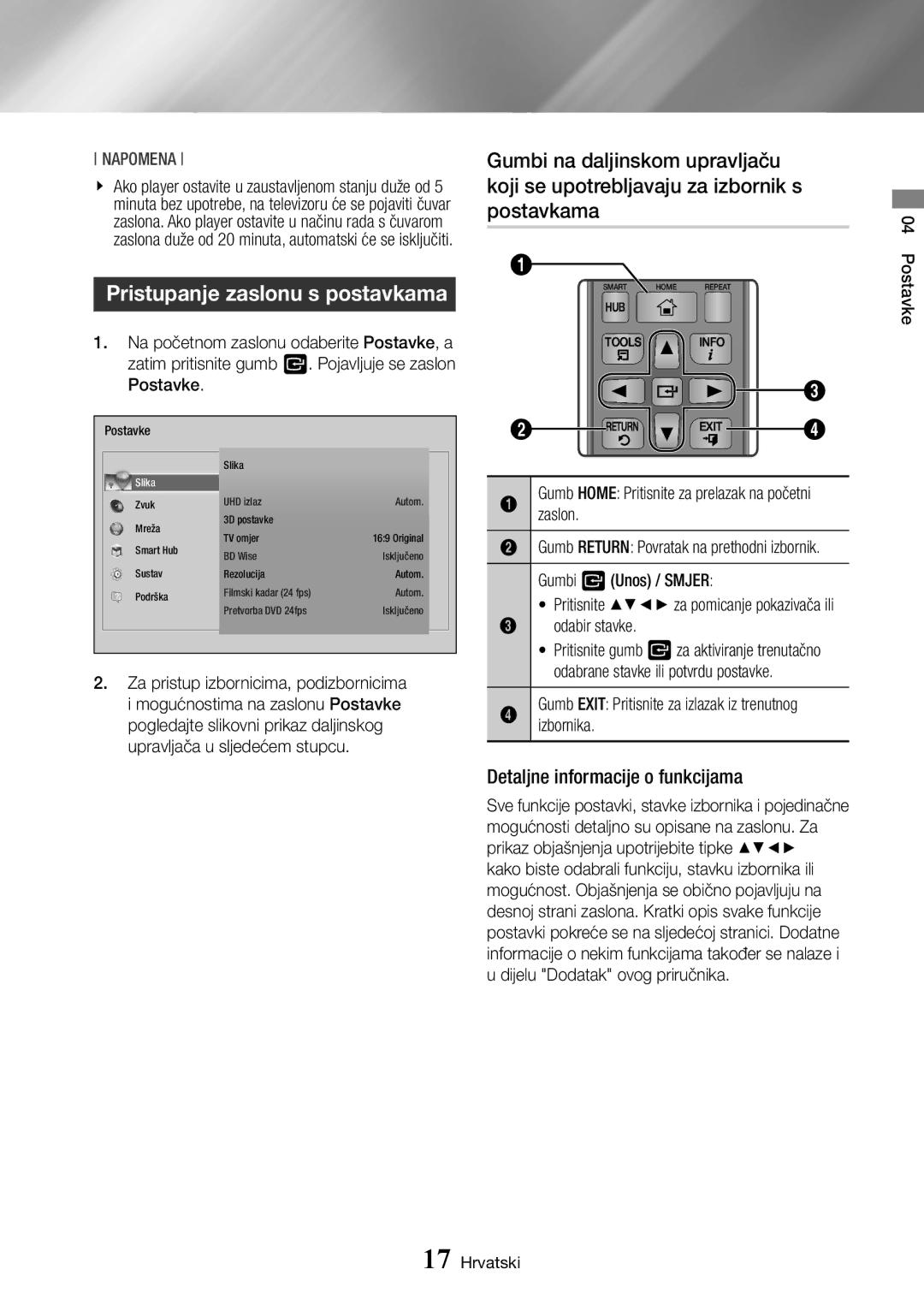 Samsung BD-J7500/EN Pristupanje zaslonu s postavkama, Detaljne informacije o funkcijama, Postavke, Gumbi v Unos / Smjer 