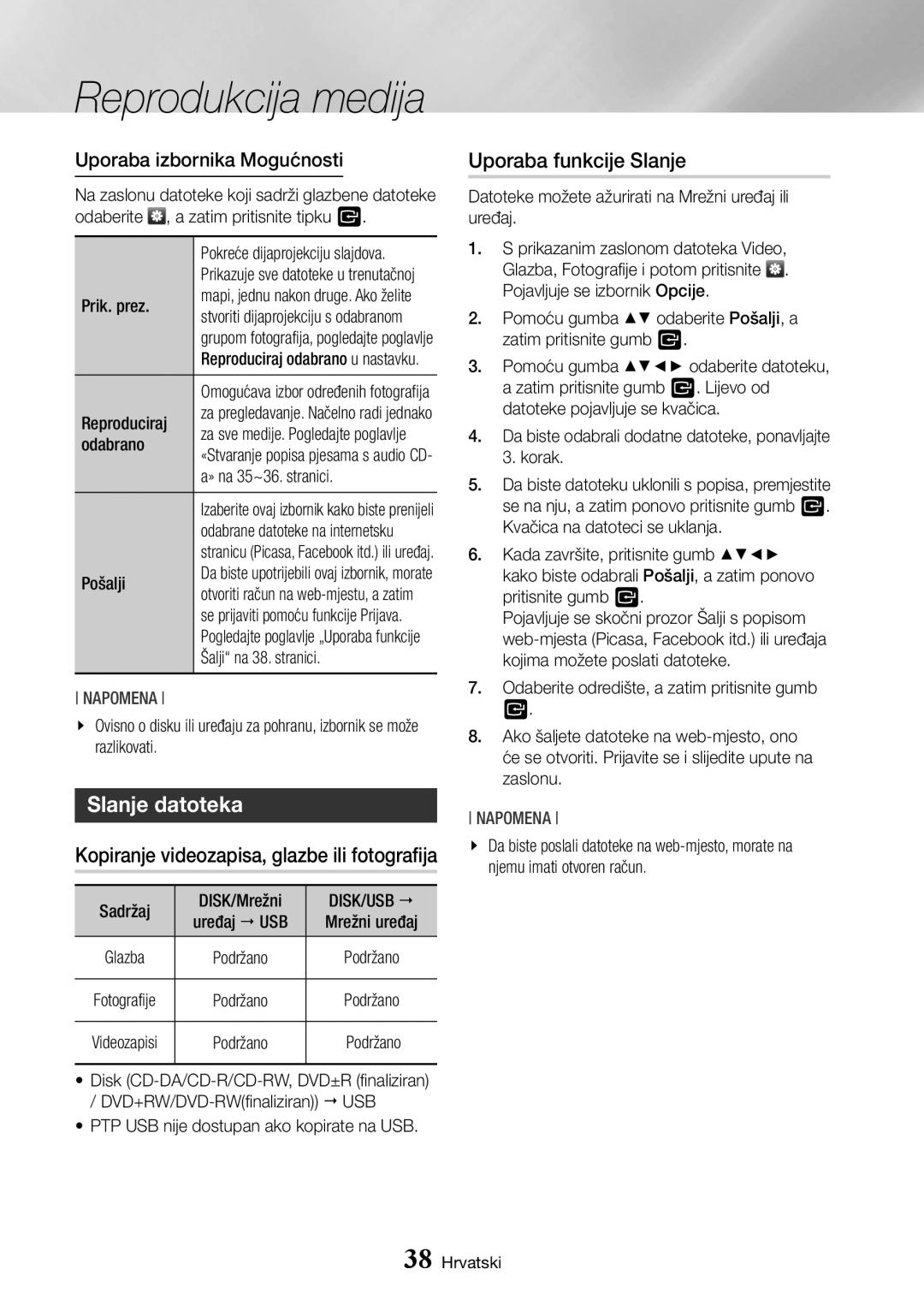 Samsung BD-J7500/EN manual Slanje datoteka, Uporaba funkcije Slanje, Kopiranje videozapisa, glazbe ili fotografija 