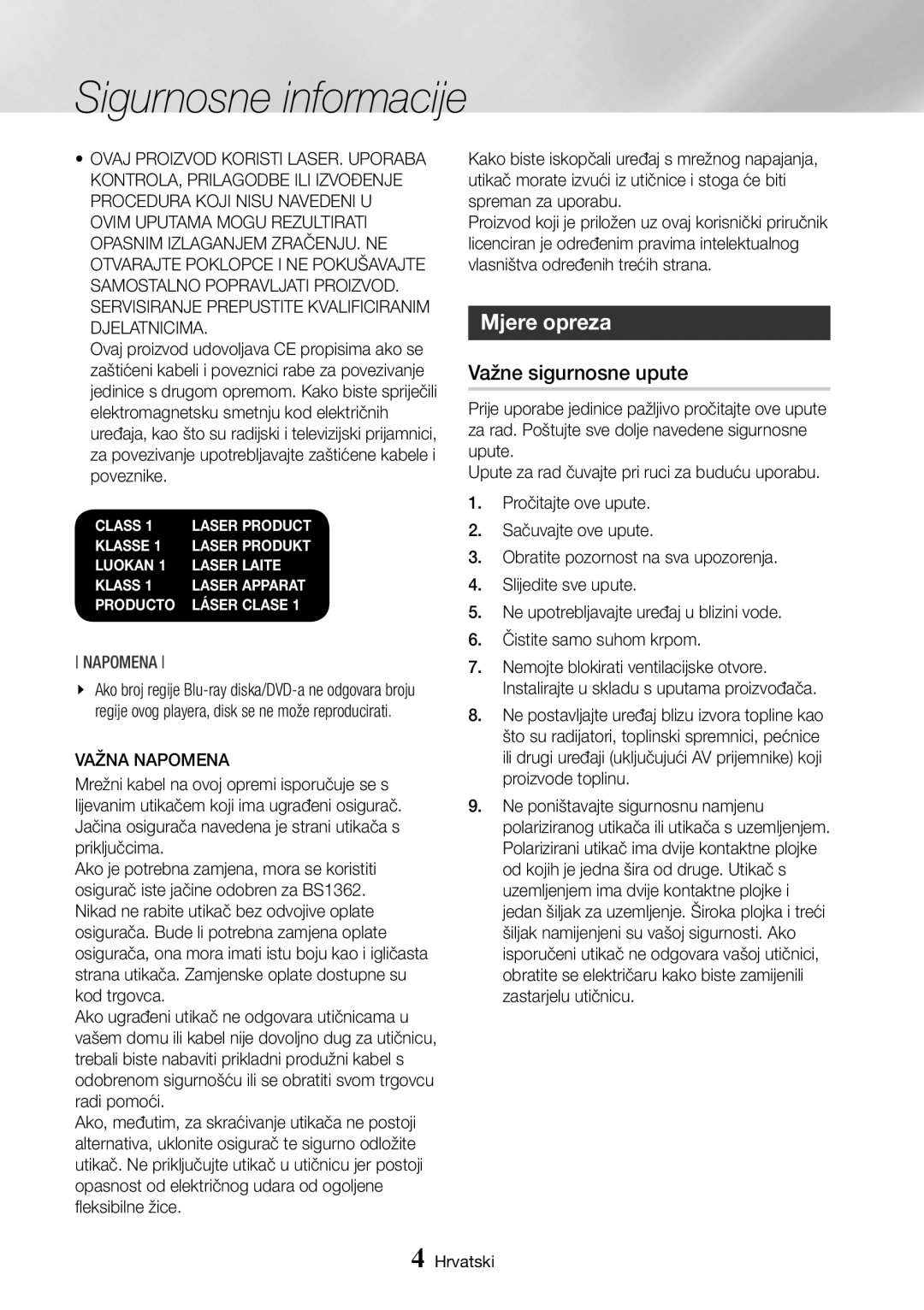 Samsung BD-J7500/EN manual Mjere opreza, Važne sigurnosne upute, Važna Napomena 