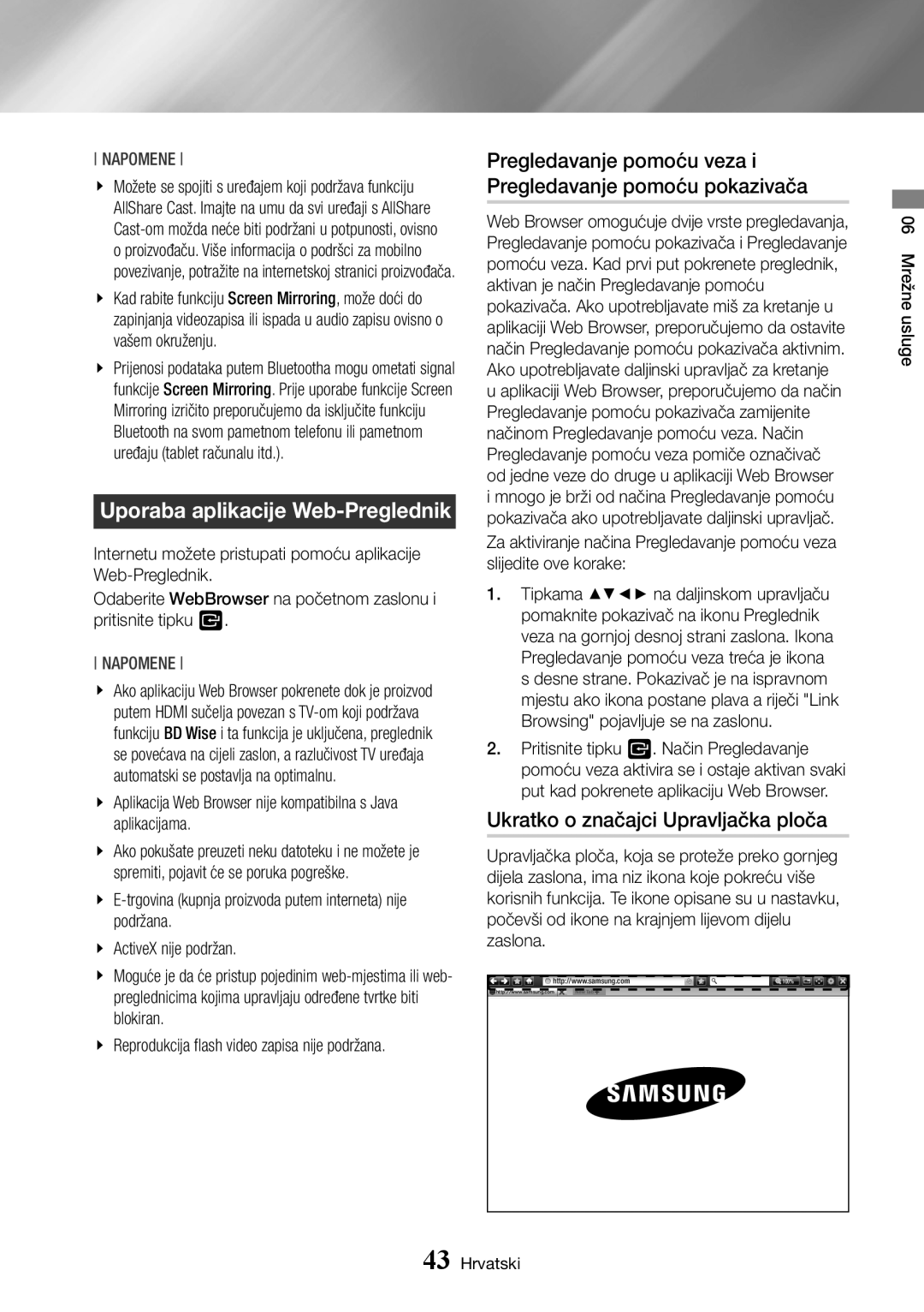 Samsung BD-J7500/EN manual Uporaba aplikacije Web-Preglednik, Pregledavanje pomoću veza i Pregledavanje pomoću pokazivača 