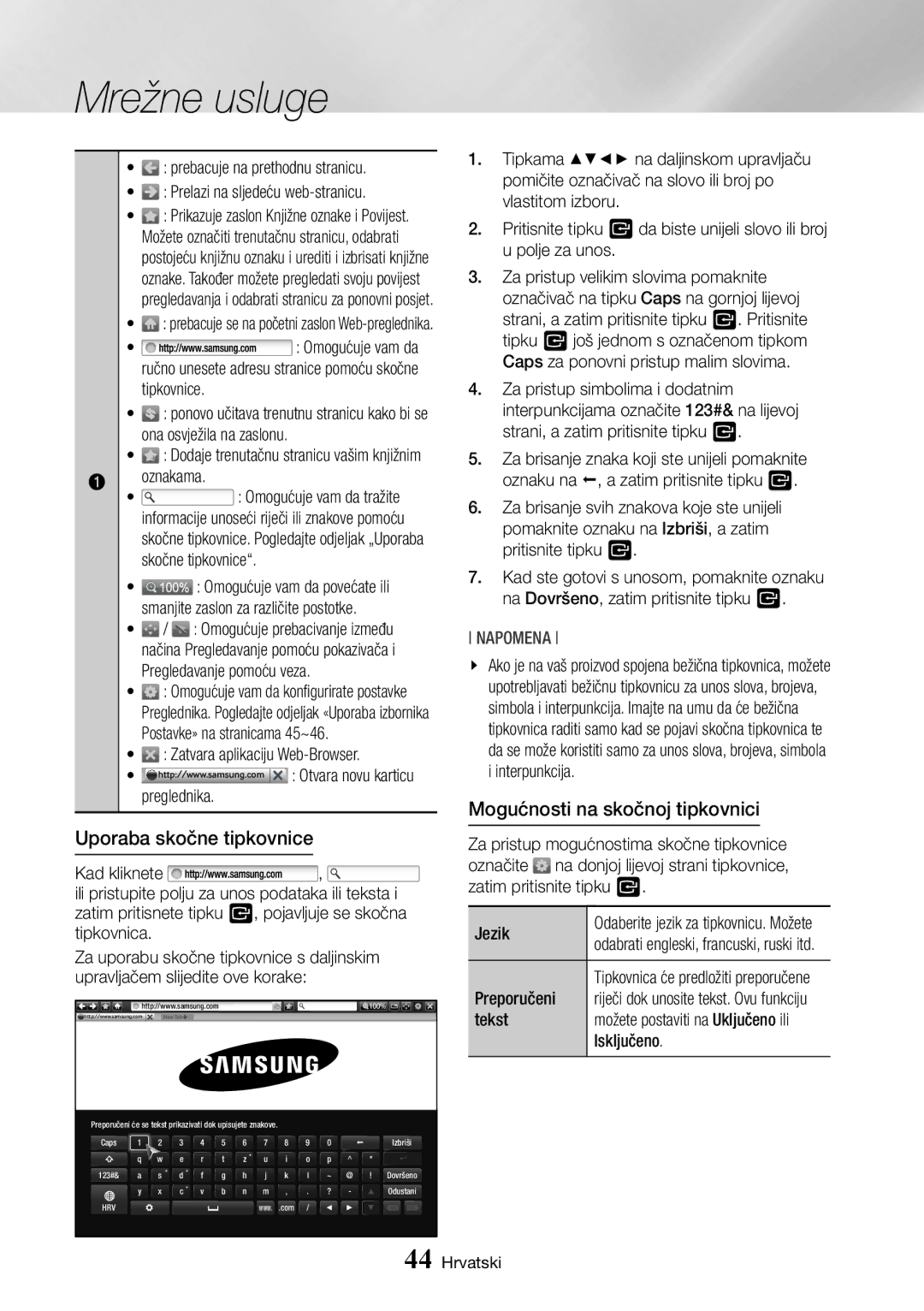 Samsung BD-J7500/EN manual Uporaba skočne tipkovnice, Mogućnosti na skočnoj tipkovnici 