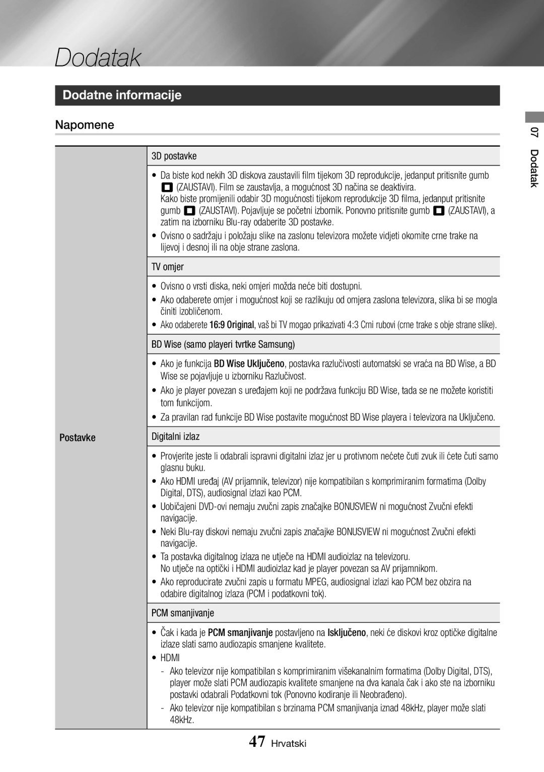 Samsung BD-J7500/EN manual Dodatak, Dodatne informacije, Napomene, Hdmi 