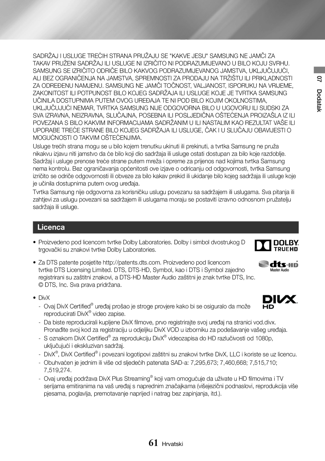 Samsung BD-J7500/EN manual Licenca 