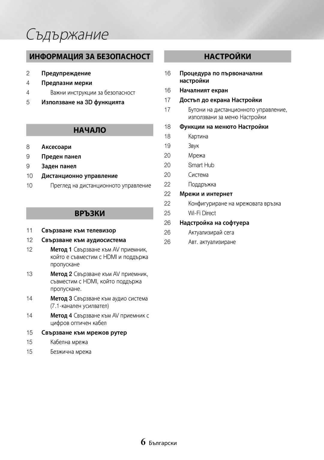 Samsung BD-J7500/EN manual Съдържание, Информация за безопасност, Начало, Връзки, Настройки 