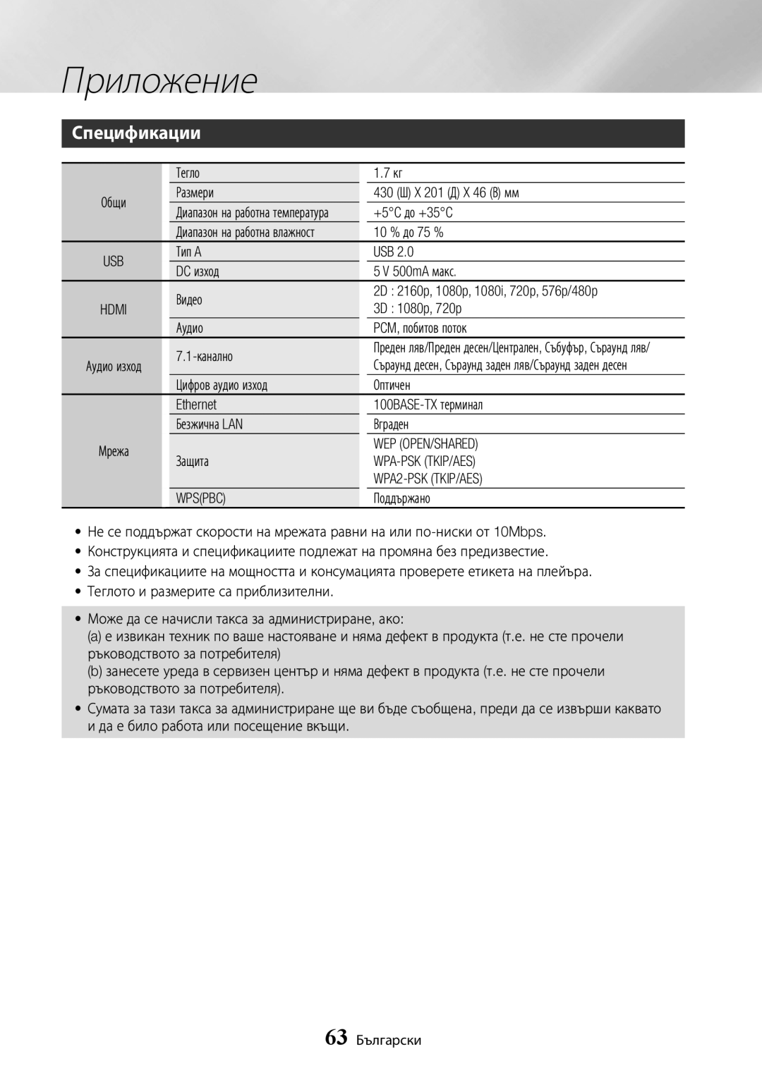 Samsung BD-J7500/EN manual Спецификации, Приложение, 63 Български 