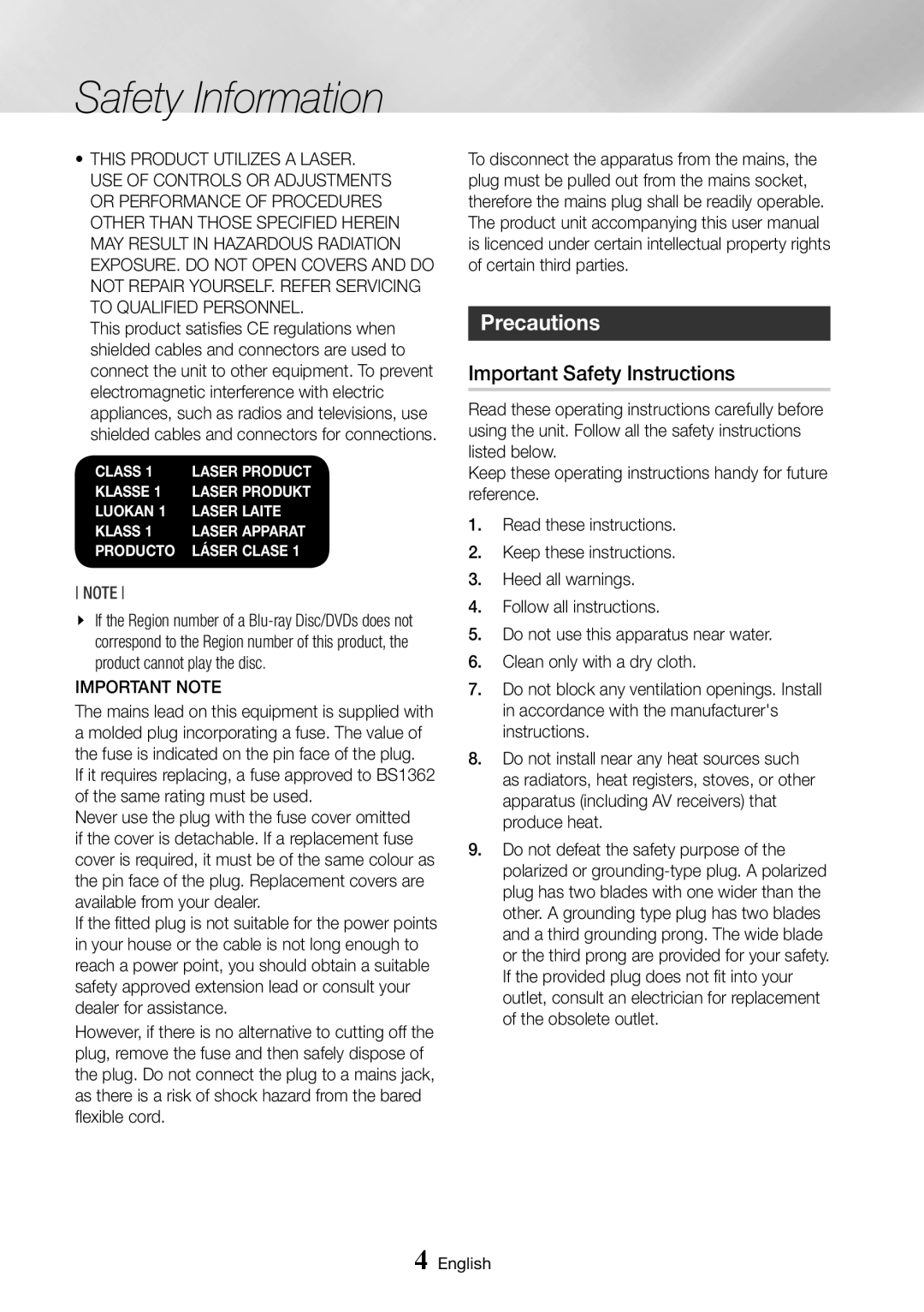 Samsung BD-J7500/EN manual Precautions, Important Safety Instructions, Safety Information 