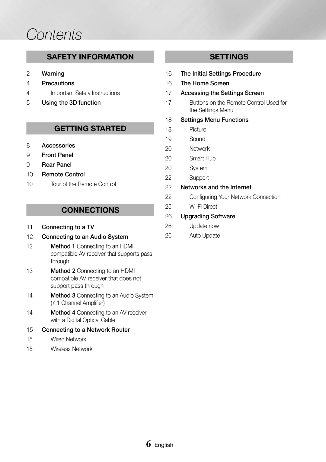 Samsung BD-J7500/EN manual Contents, Safety Information, Getting Started, Connections, Settings 