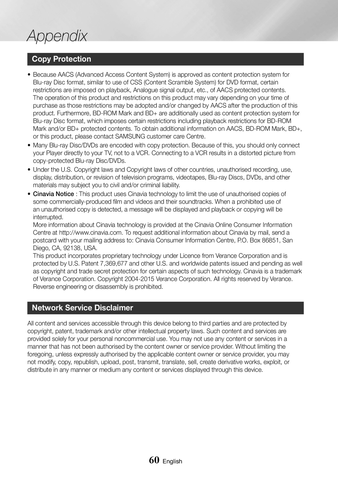 Samsung BD-J7500/EN manual Copy Protection, Network Service Disclaimer, Appendix 