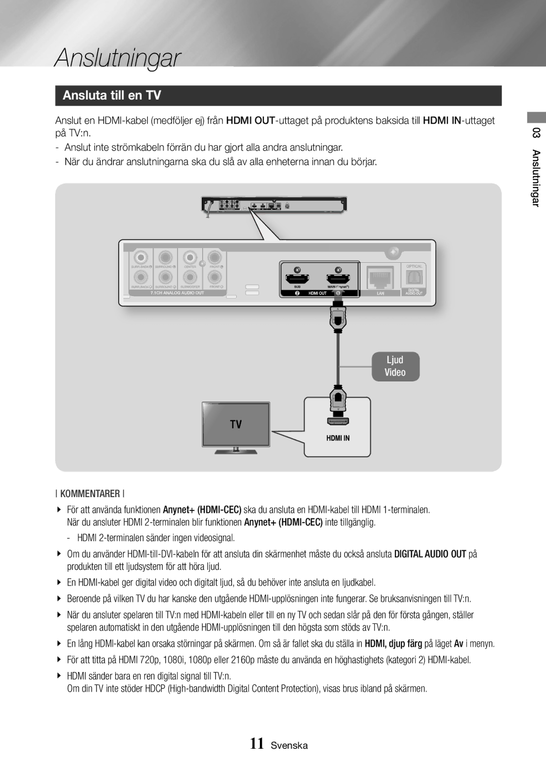 Samsung BD-J7500/XE manual Anslutningar, Ansluta till en TV, Hdmi sänder bara en ren digital signal till TVn 