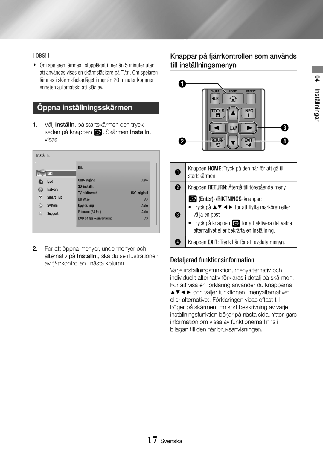 Samsung BD-J7500/XE manual Öppna inställningsskärmen, Detaljerad funktionsinformation, Välja en post 