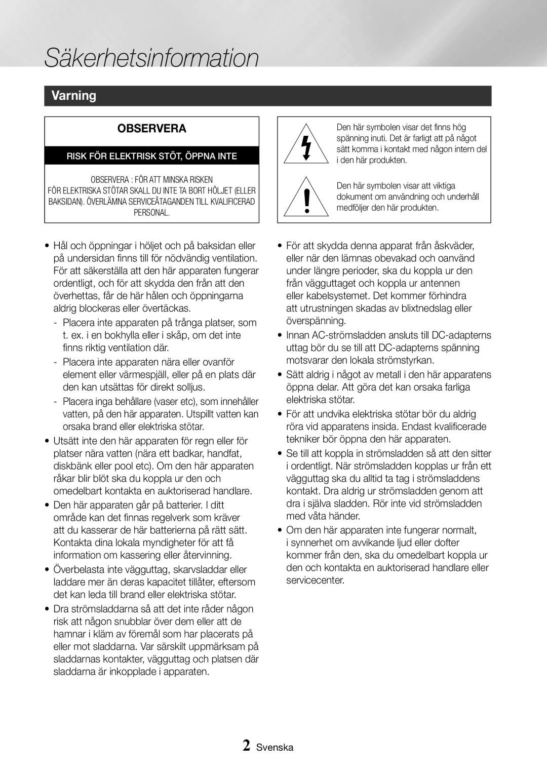 Samsung BD-J7500/XE manual Säkerhetsinformation, Varning 