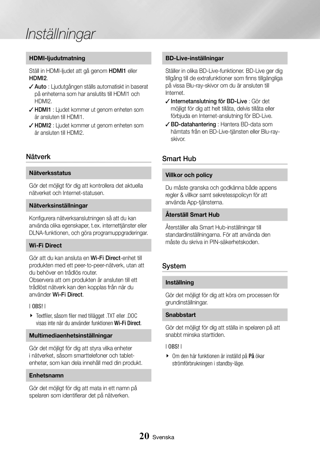 Samsung BD-J7500/XE manual Nätverk, Smart Hub, System 