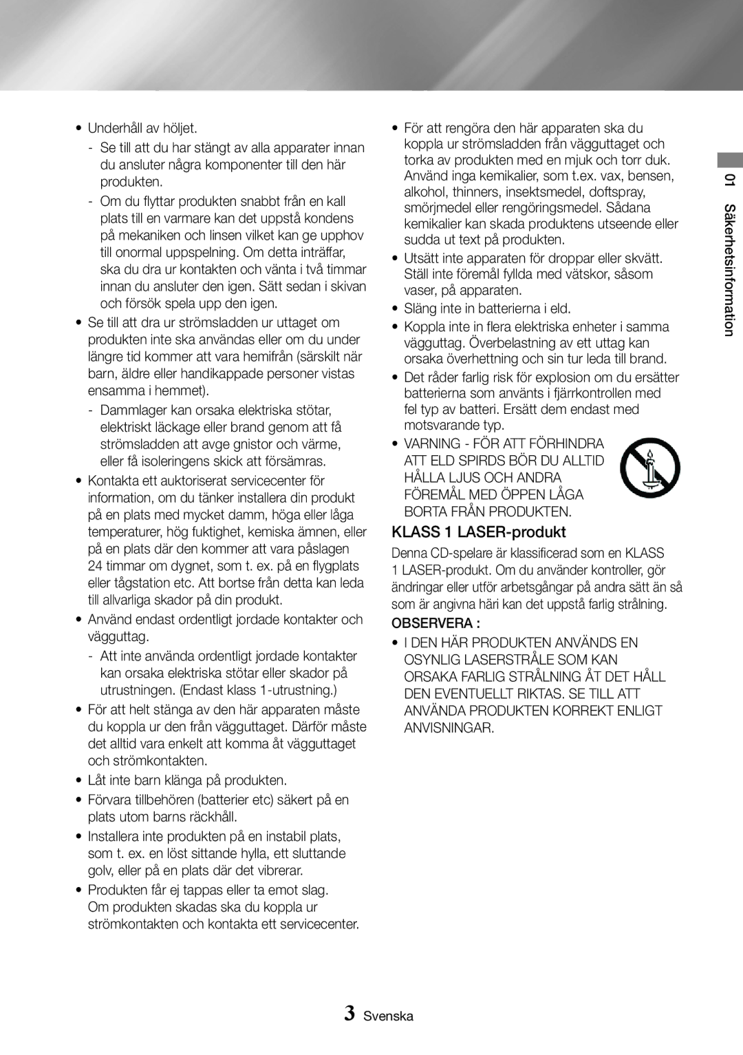 Samsung BD-J7500/XE manual Klass 1 LASER-produkt, Använd endast ordentligt jordade kontakter och vägguttag 