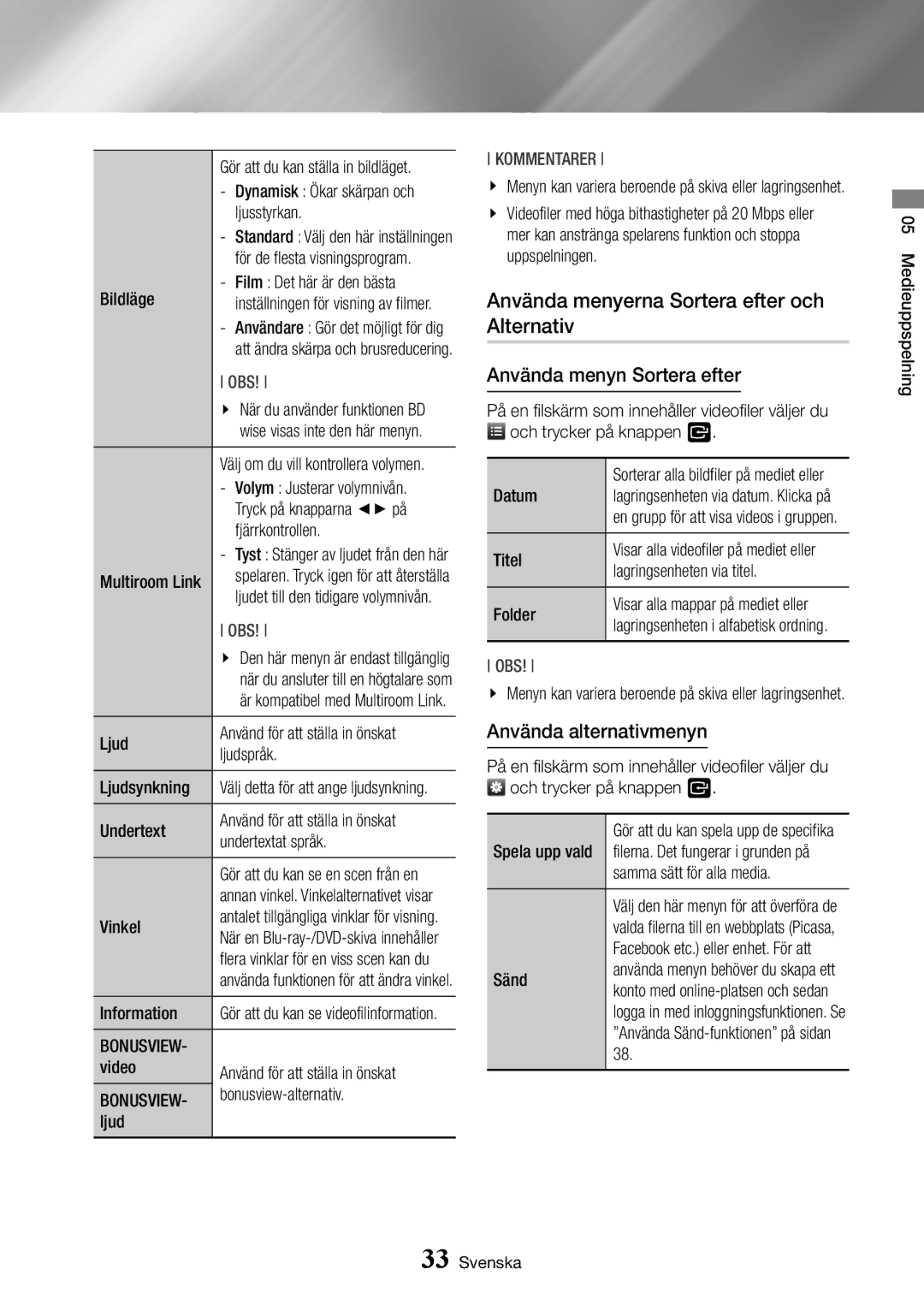 Samsung BD-J7500/XE Använda menyerna Sortera efter och Alternativ, Använda menyn Sortera efter, Använda alternativmenyn 