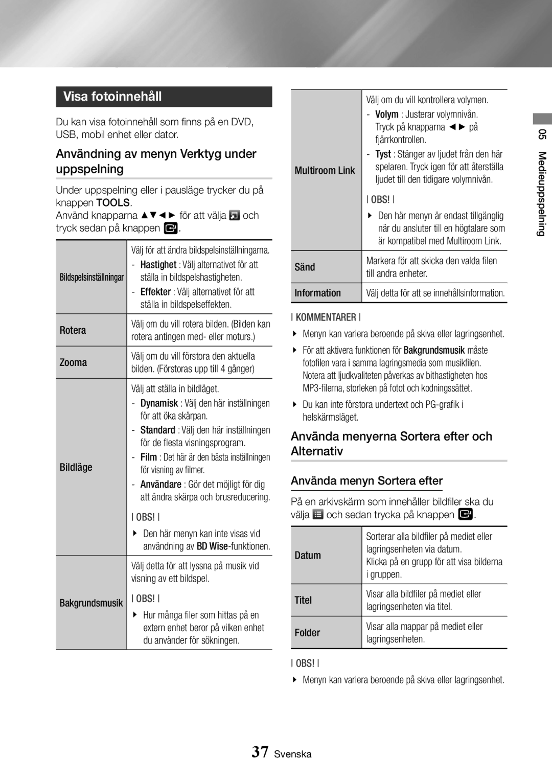 Samsung BD-J7500/XE manual Visa fotoinnehåll, Användning av menyn Verktyg under uppspelning 