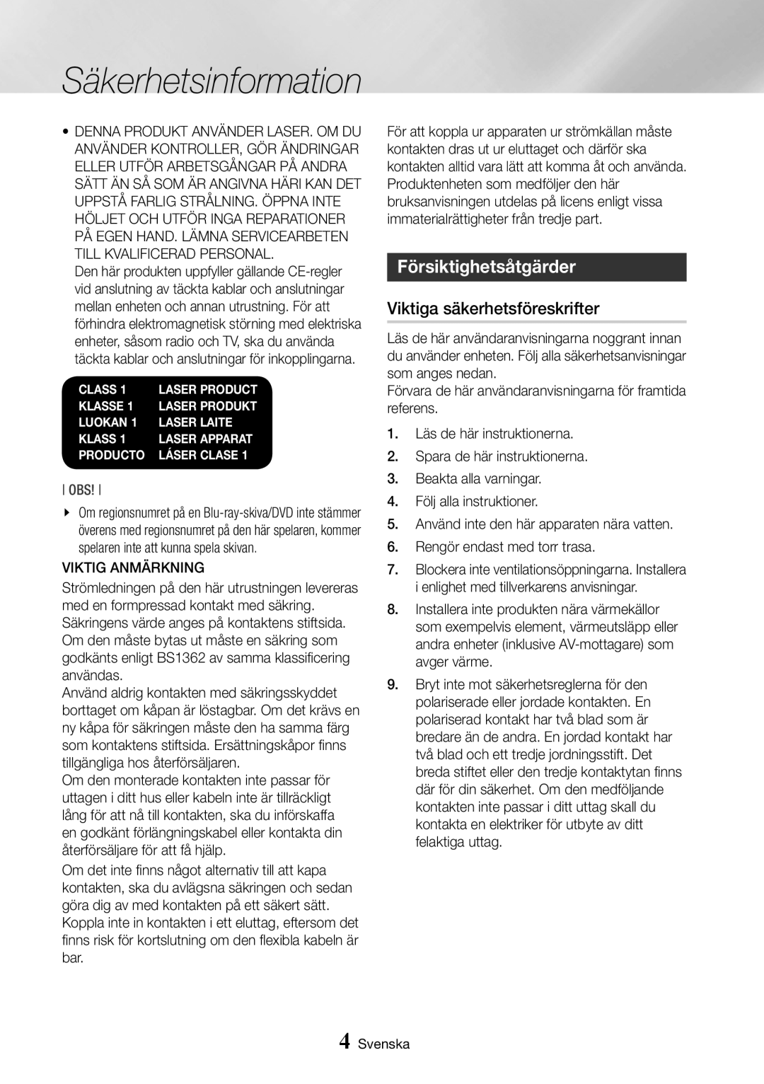 Samsung BD-J7500/XE manual Försiktighetsåtgärder, Viktiga säkerhetsföreskrifter, Viktig Anmärkning 