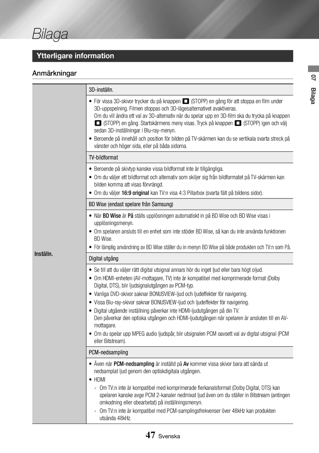 Samsung BD-J7500/XE manual Bilaga, Ytterligare information, Anmärkningar 