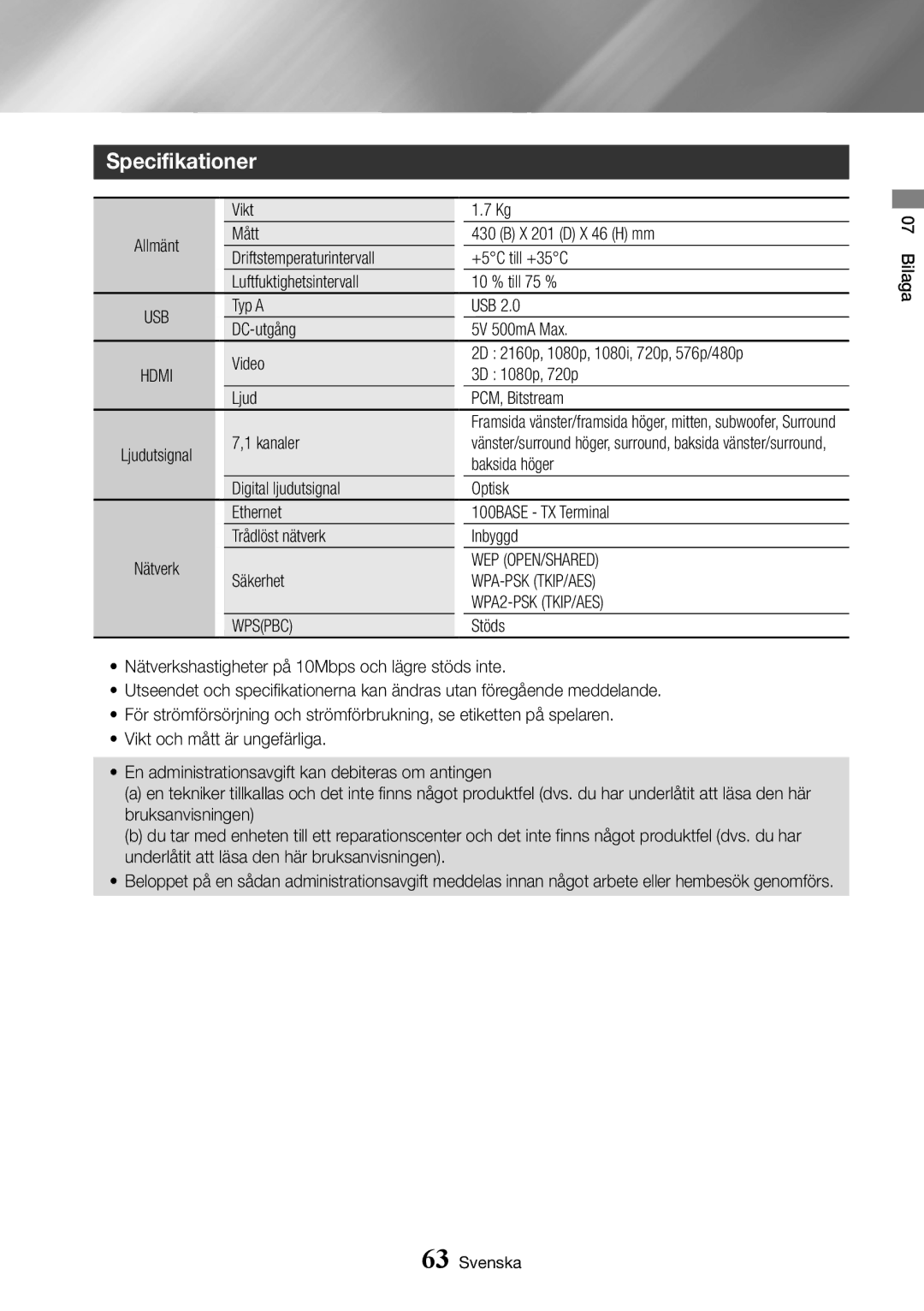 Samsung BD-J7500/XE manual Specifikationer, Wep Open/Shared, Wpa-Psk Tkip/Aes, WPA2-PSK TKIP/AES, Wpspbc 