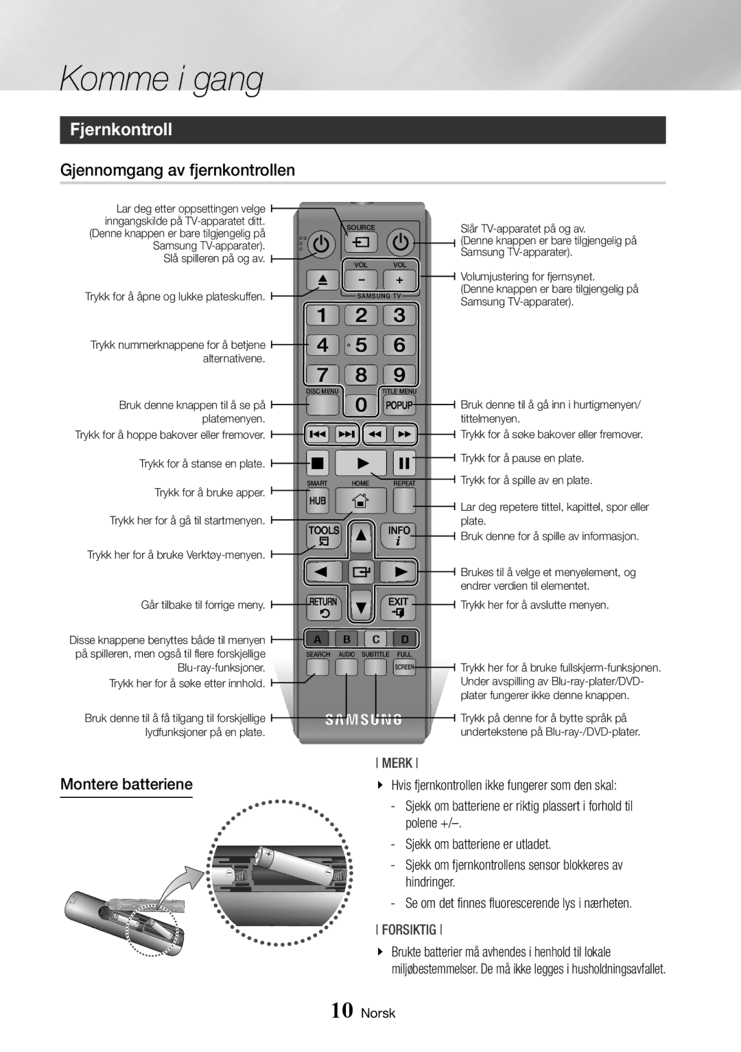 Samsung BD-J7500/XE manual Fjernkontroll, Gjennomgang av fjernkontrollen, Montere batteriene 