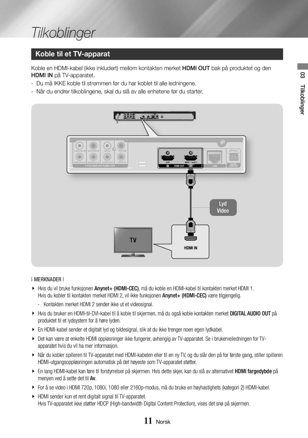 Samsung BD-J7500/XE manual Tilkoblinger, Koble til et TV-apparat 