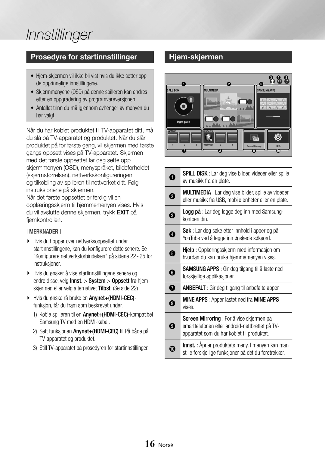 Samsung BD-J7500/XE manual Innstillinger, Prosedyre for startinnstillinger, Hjem-skjermen 