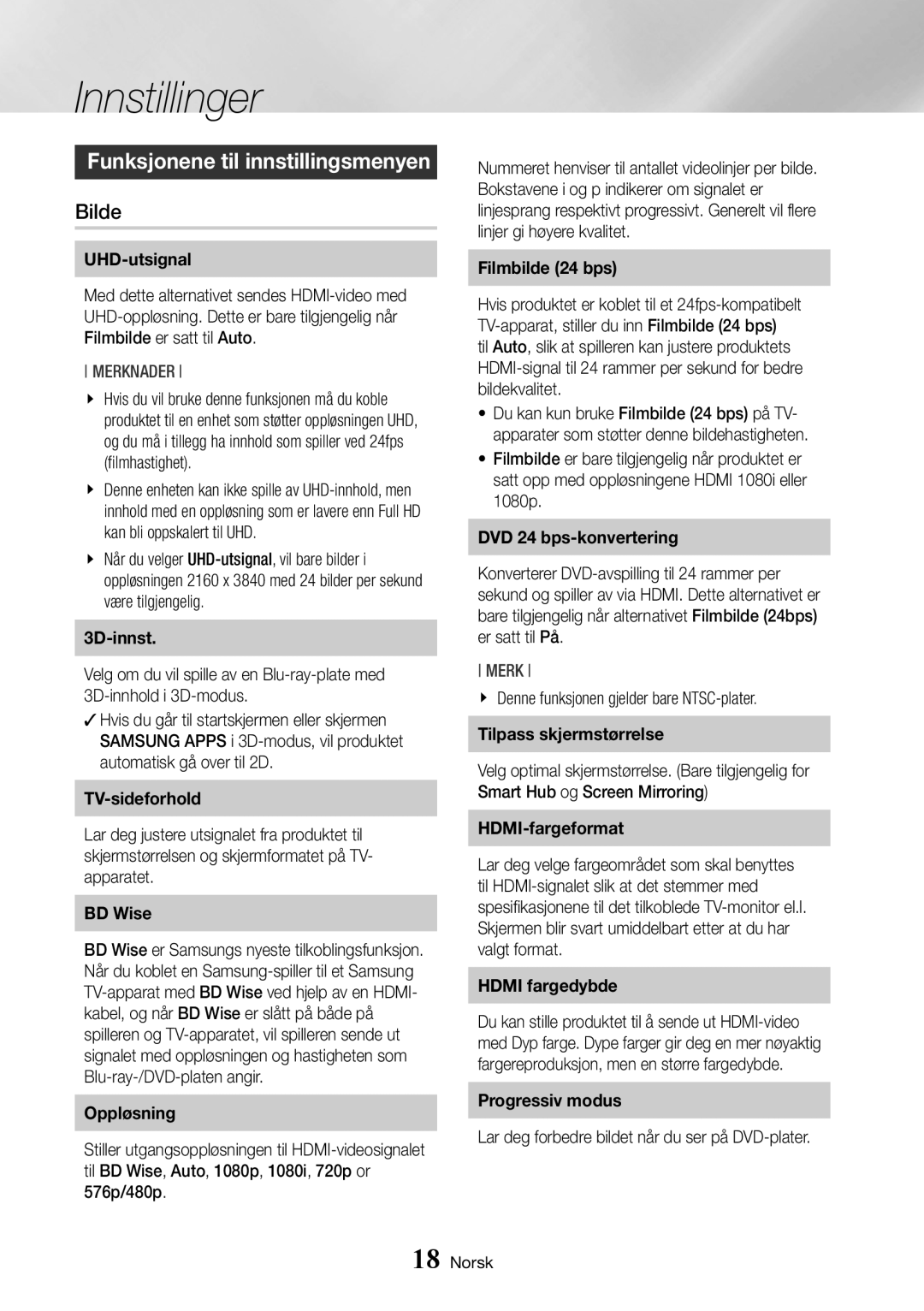 Samsung BD-J7500/XE manual Funksjonene til innstillingsmenyen, Bilde, Denne funksjonen gjelder bare NTSC-plater 