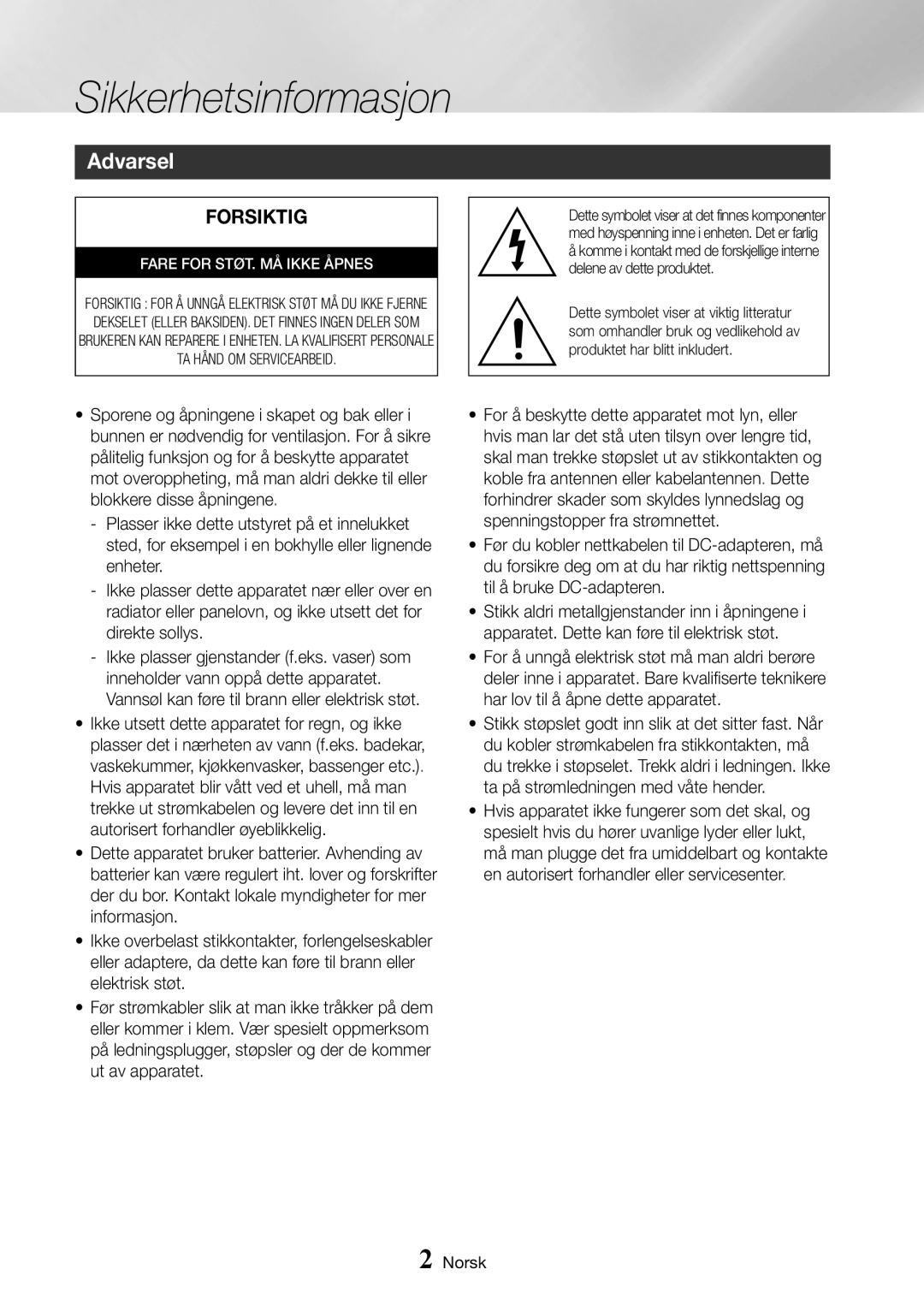 Samsung BD-J7500/XE manual Sikkerhetsinformasjon, Forsiktig 