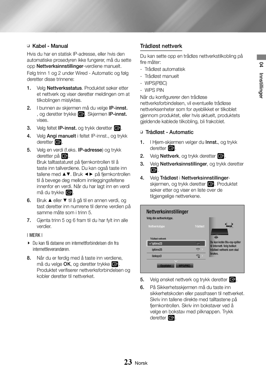 Samsung BD-J7500/XE manual Trådløst nettverk, Wps Pin 