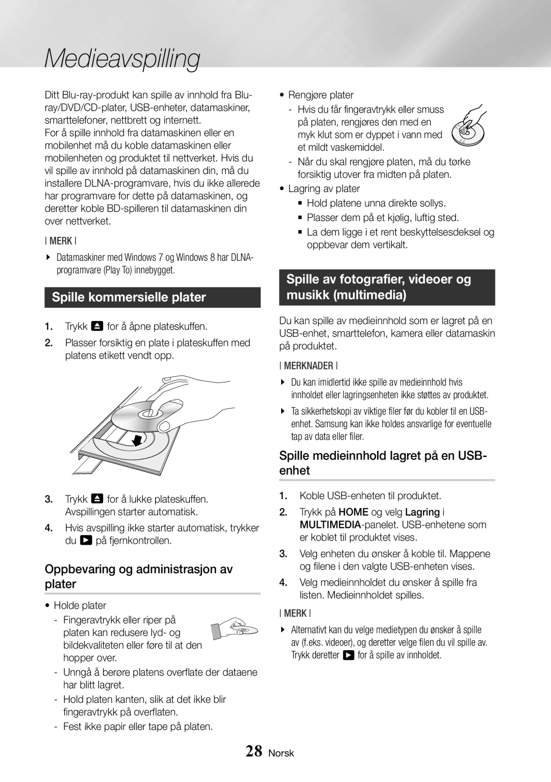 Samsung BD-J7500/XE manual Medieavspilling, Spille kommersielle plater, Oppbevaring og administrasjon av plater 