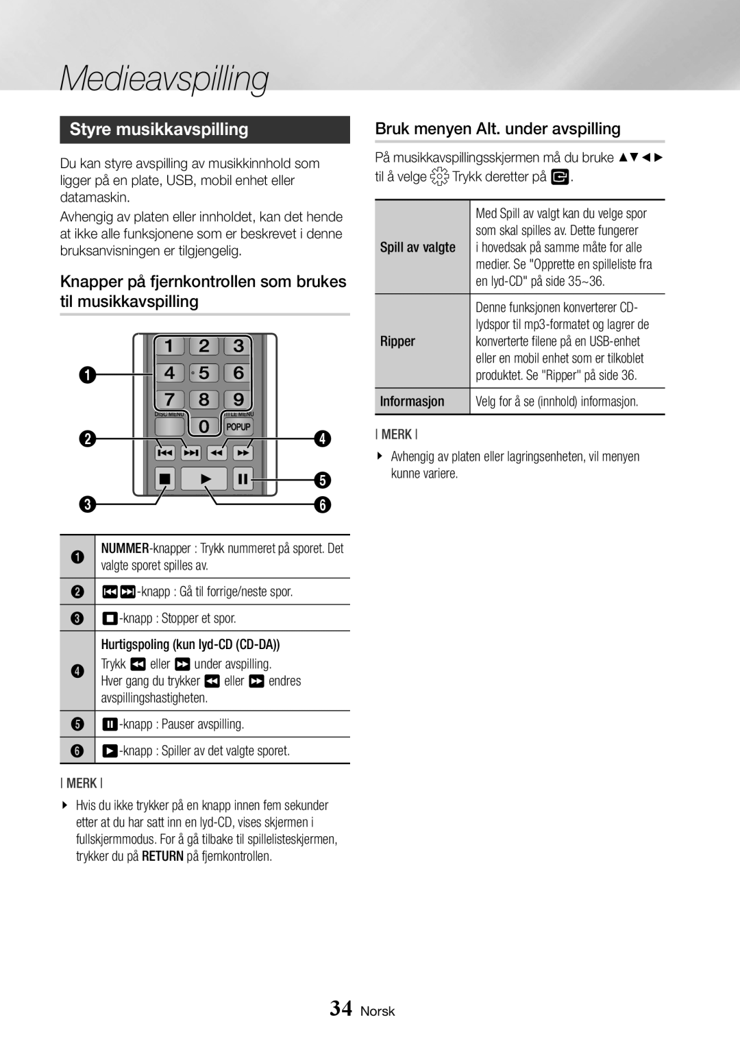 Samsung BD-J7500/XE manual Styre musikkavspilling, Knapper på fjernkontrollen som brukes til musikkavspilling 