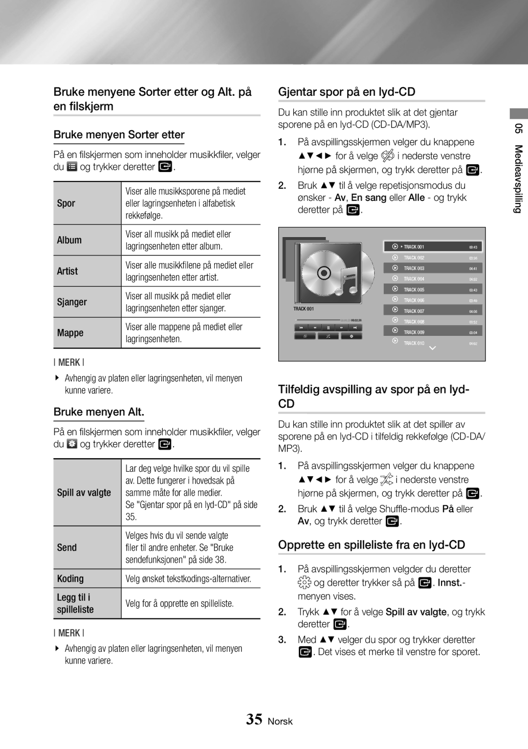 Samsung BD-J7500/XE manual Bruke menyene Sorter etter og Alt. på en filskjerm, Gjentar spor på en lyd-CD 