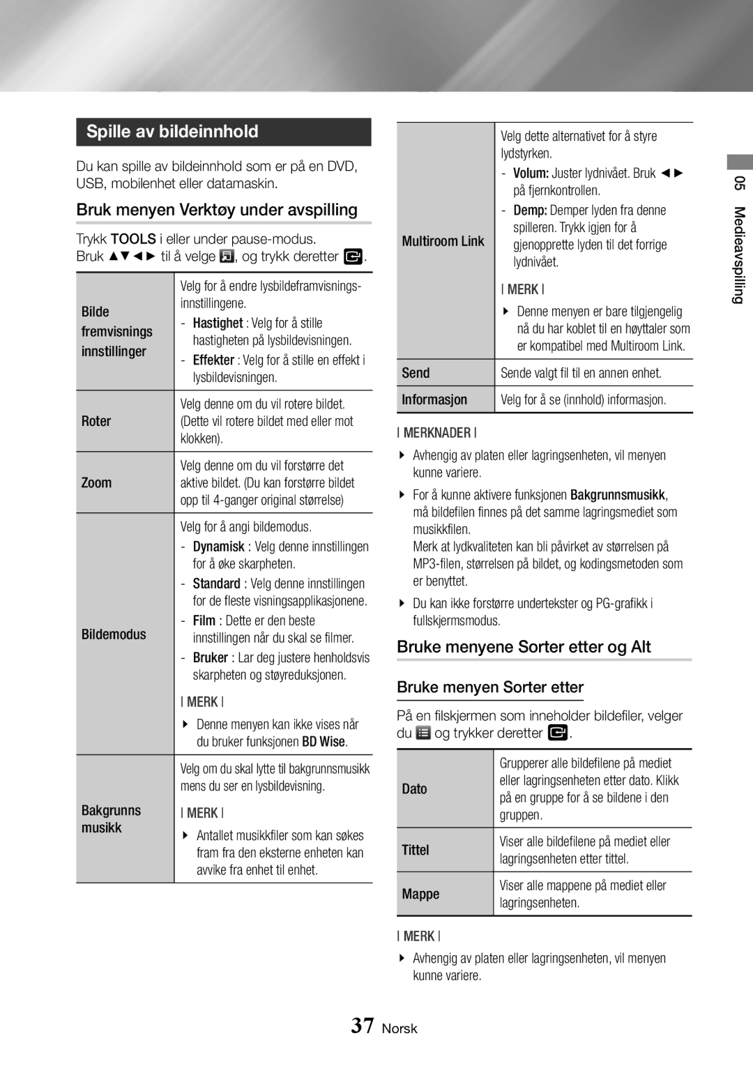 Samsung BD-J7500/XE manual Spille av bildeinnhold, Bruk menyen Verktøy under avspilling 