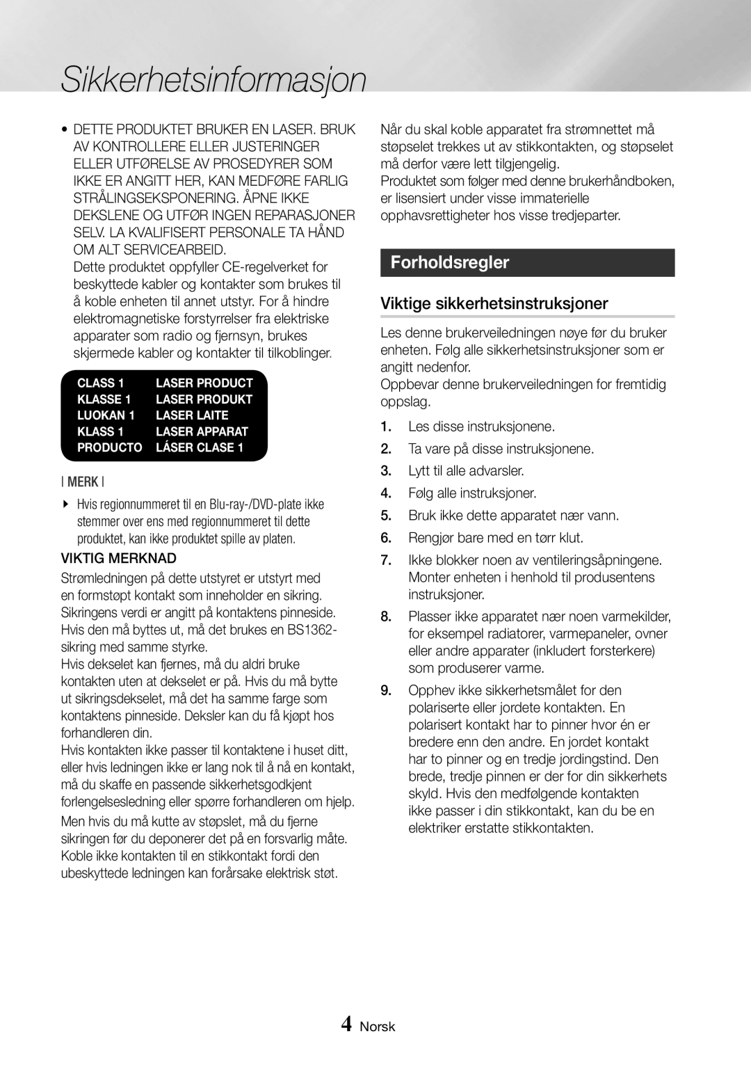 Samsung BD-J7500/XE manual Forholdsregler, Viktige sikkerhetsinstruksjoner, Viktig Merknad 