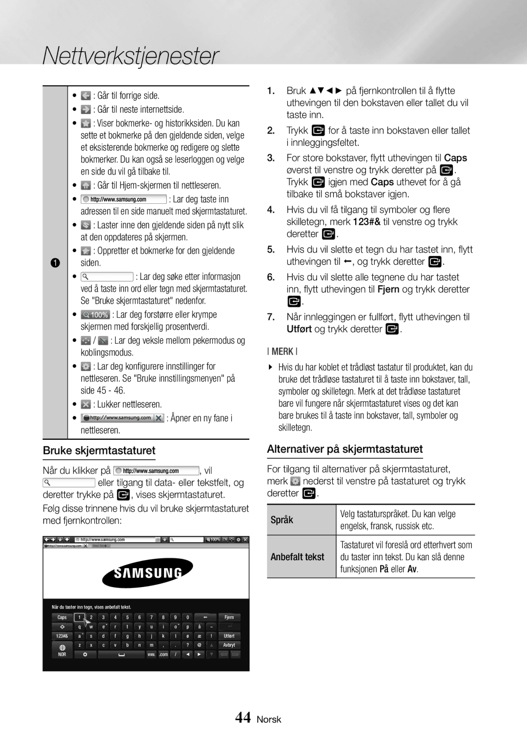 Samsung BD-J7500/XE manual Bruke skjermtastaturet, Alternativer på skjermtastaturet 