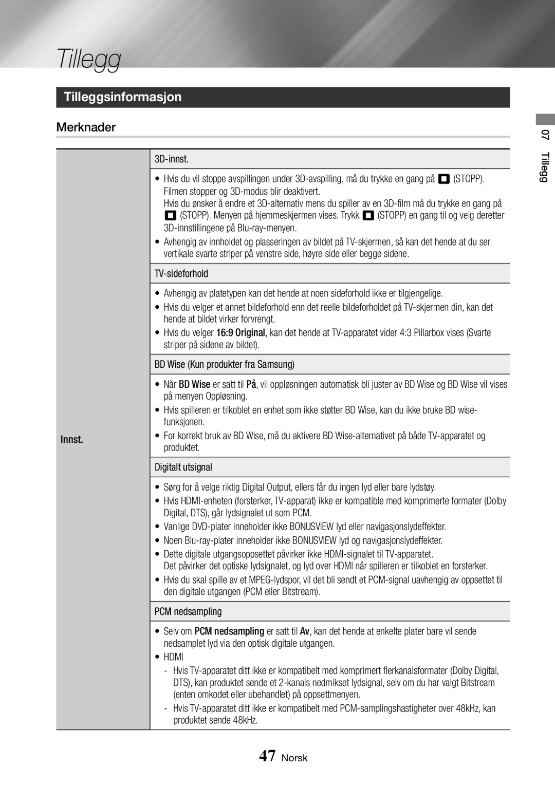 Samsung BD-J7500/XE manual Tilleggsinformasjon, Merknader 