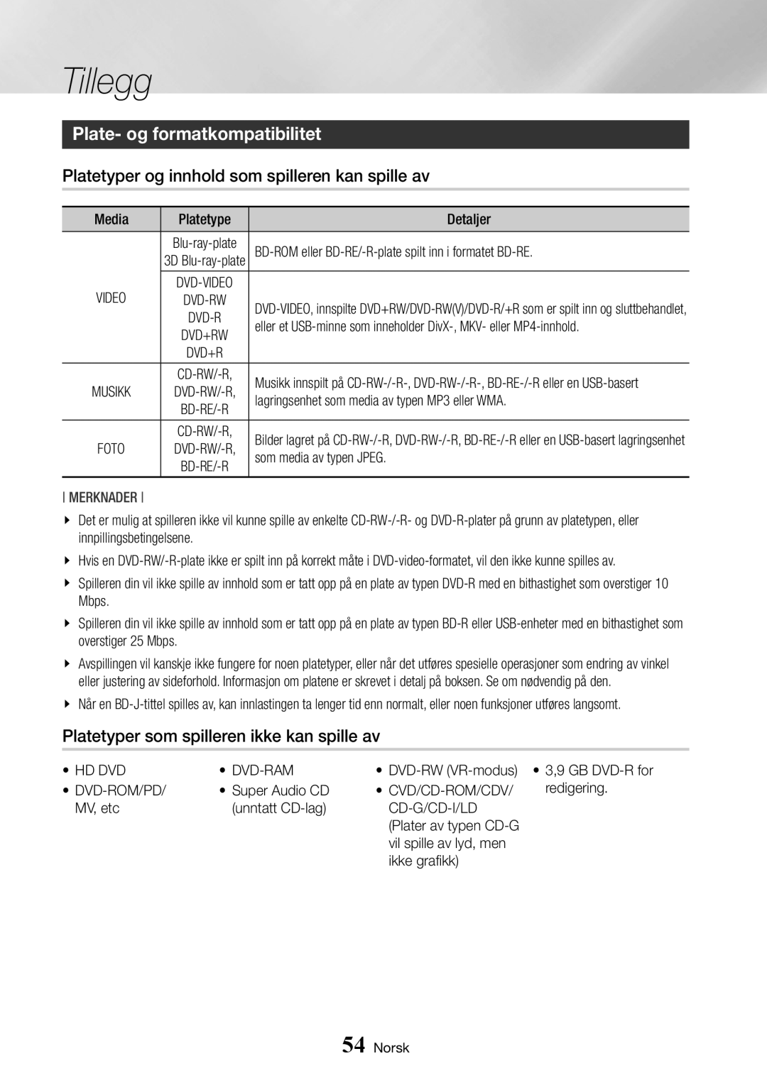 Samsung BD-J7500/XE manual Plate- og formatkompatibilitet, Platetyper og innhold som spilleren kan spille av 