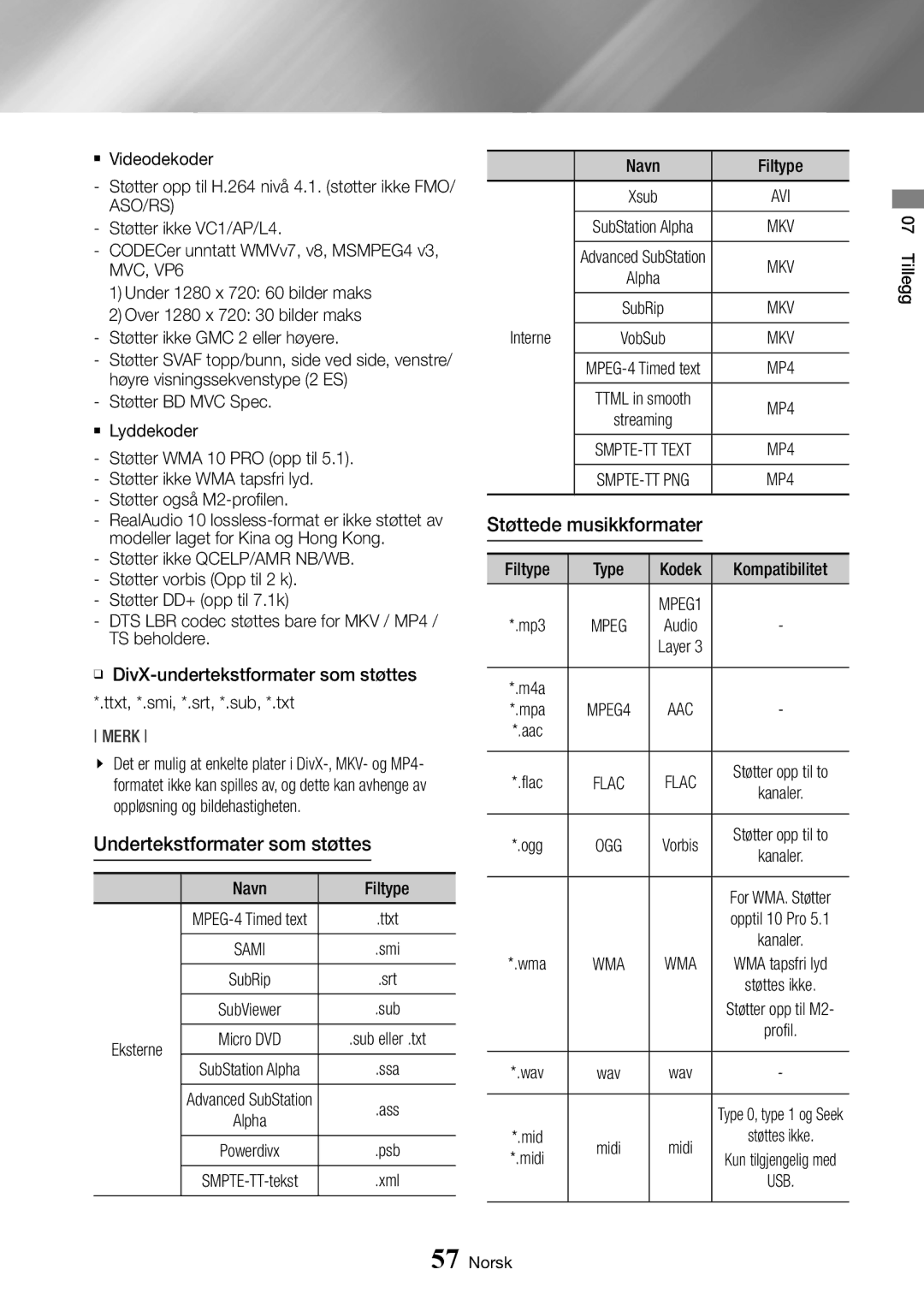 Samsung BD-J7500/XE manual Undertekstformater som støttes, Støttede musikkformater 