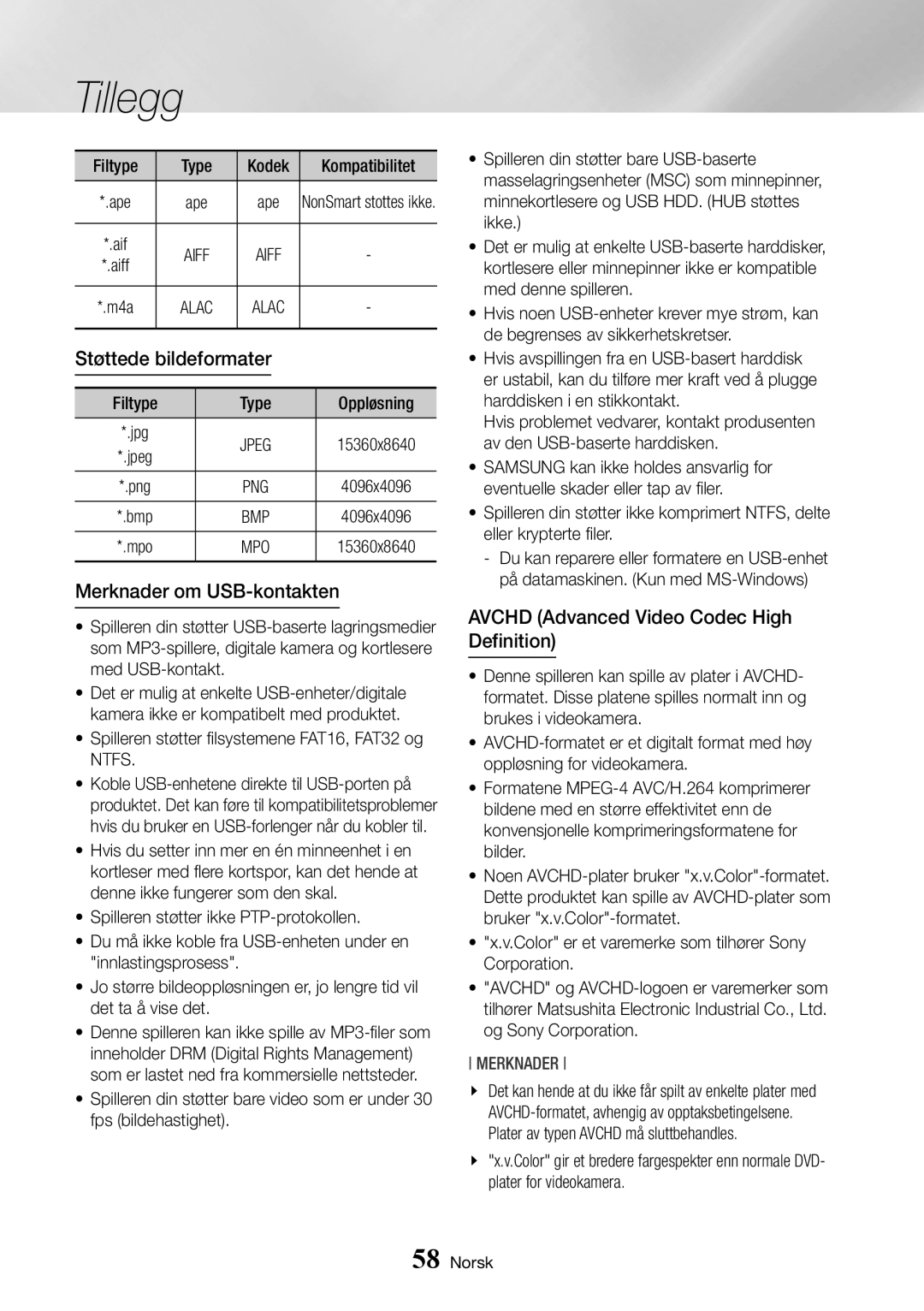 Samsung BD-J7500/XE manual Støttede bildeformater, Merknader om USB-kontakten, Avchd Advanced Video Codec High Definition 