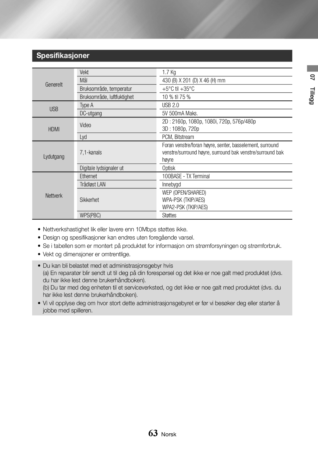 Samsung BD-J7500/XE manual Spesifikasjoner, Wep Open/Shared, Wpa-Psk Tkip/Aes, WPA2-PSK TKIP/AES, Wpspbc 