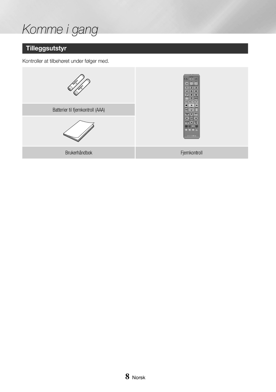 Samsung BD-J7500/XE manual Komme i gang, Tilleggsutstyr, Brukerhåndbok Fjernkontroll 