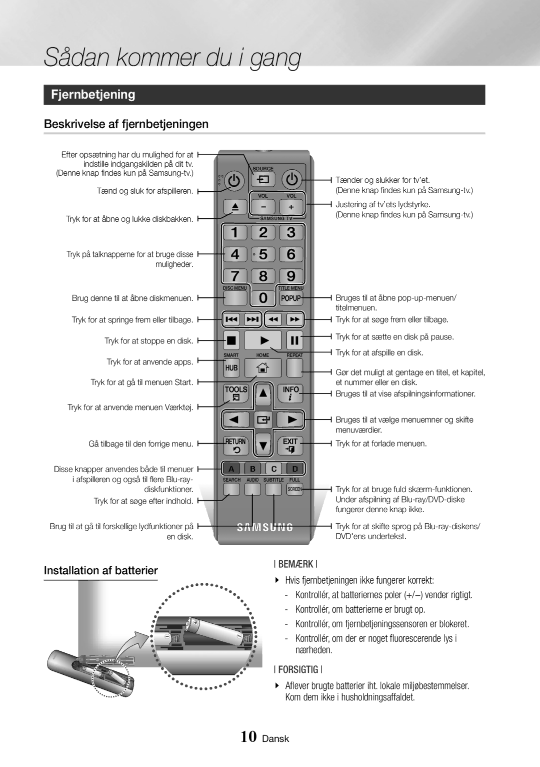 Samsung BD-J7500/XE manual Fjernbetjening, Beskrivelse af fjernbetjeningen, Installation af batterier 