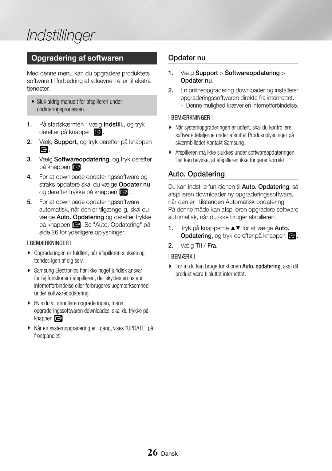 Samsung BD-J7500/XE manual Opgradering af softwaren, Vælg Support Softwareopdatering Opdater nu 